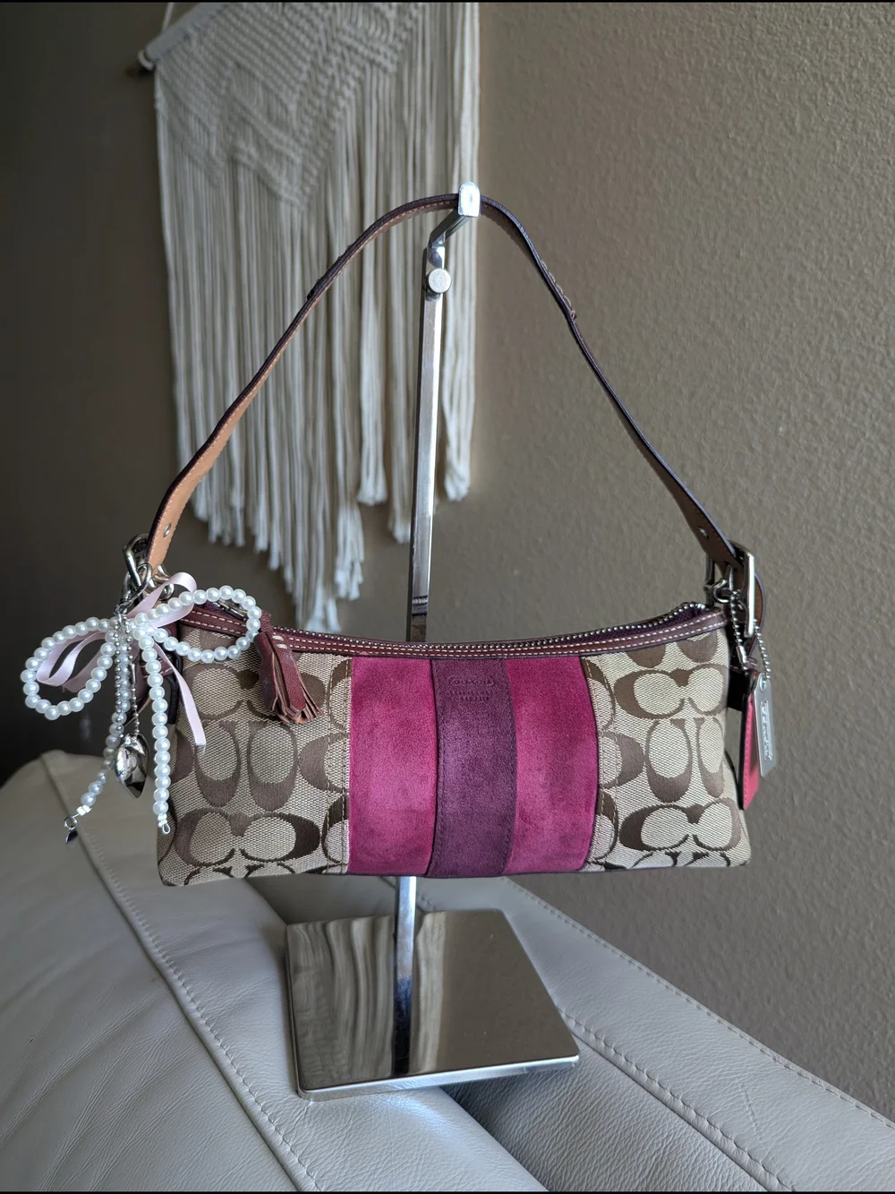 vintage Coach Signature Striped Suede Demi Baguette